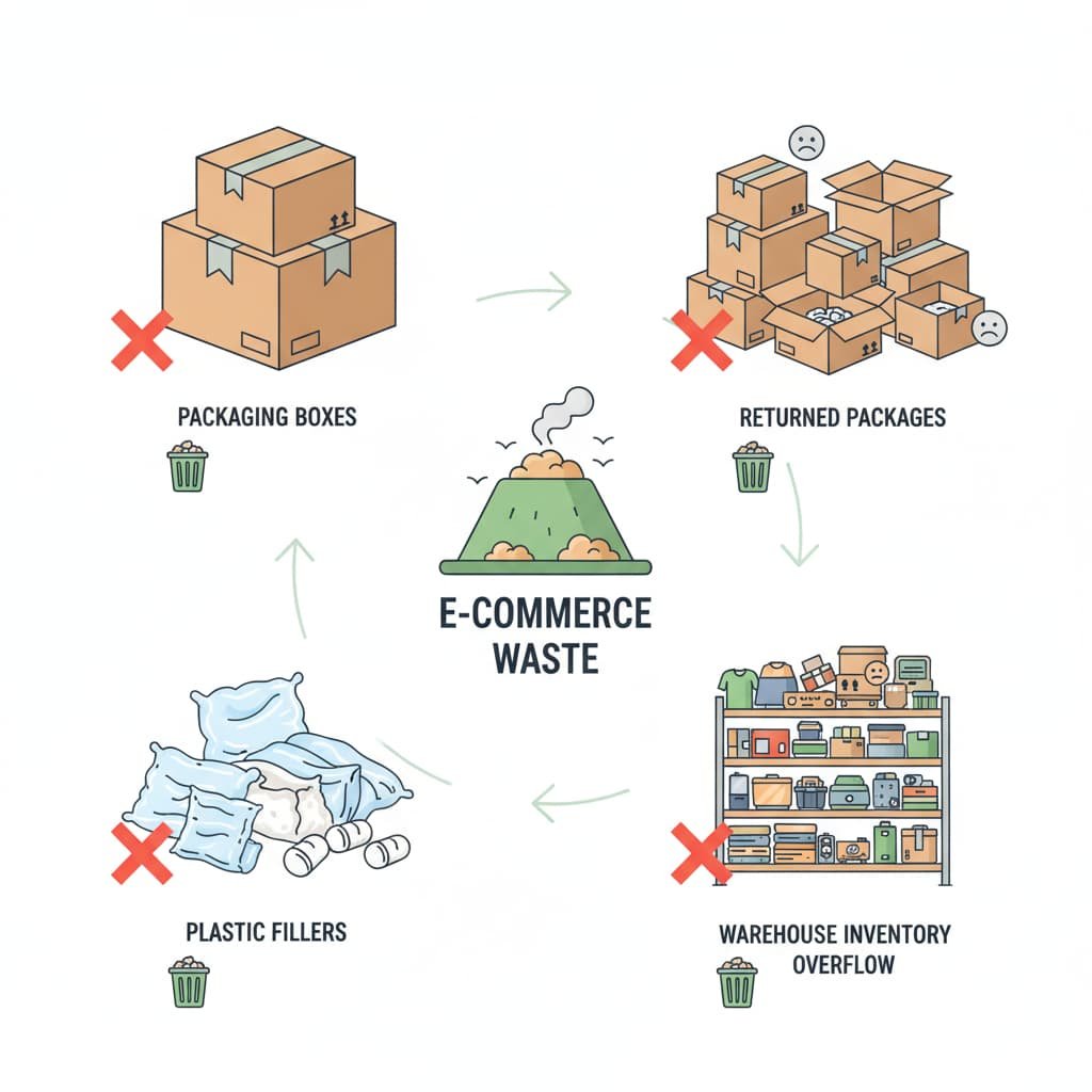 visual breakdown of waste sources in e-commerce supply chains including packaging, returns, and unsold inventory.