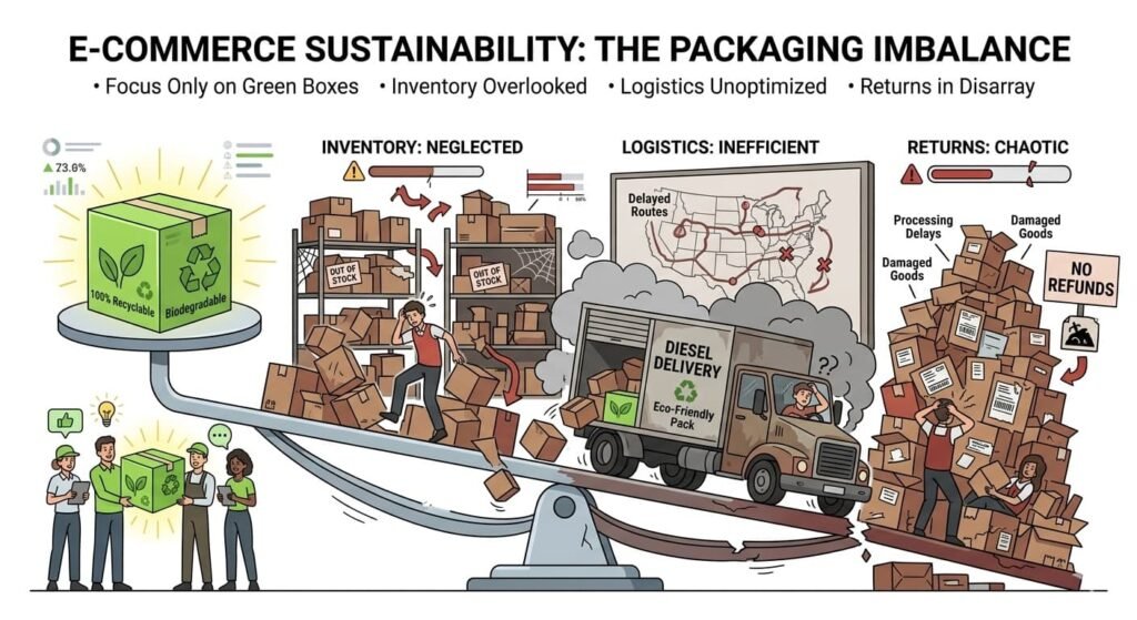 mistake of focusing only on packaging in a zero-waste supply chain for e-commerce while ignoring logistics and inventory.