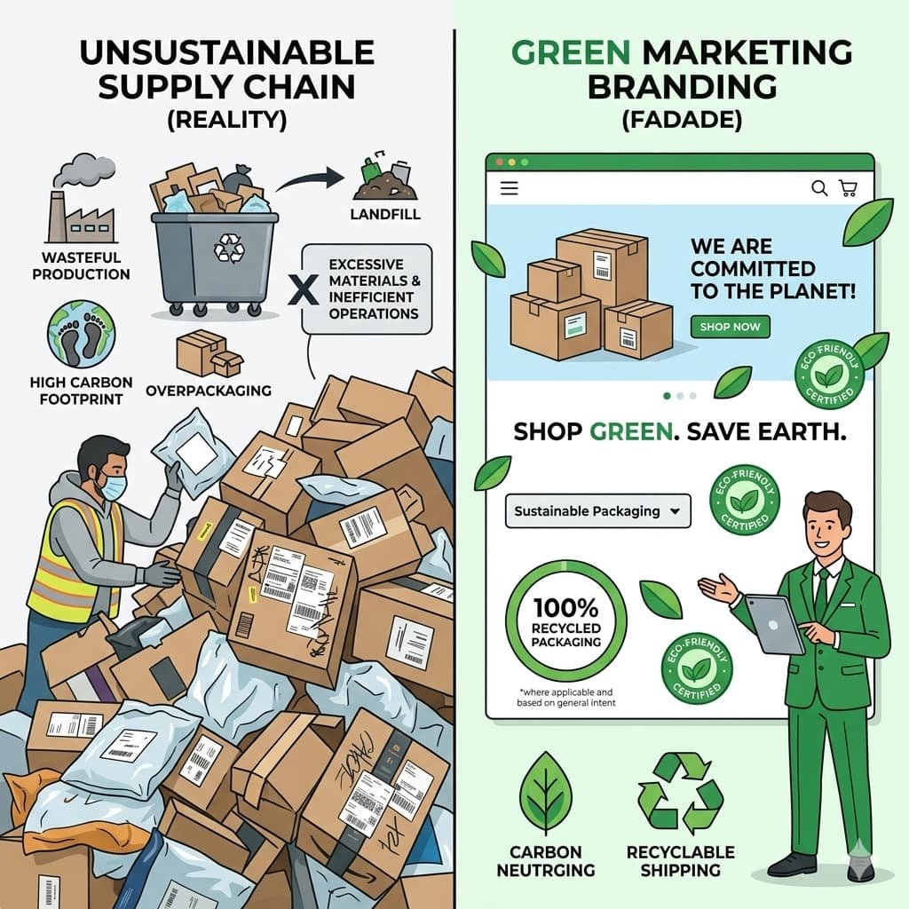 unsustainable suppliers and greenwashing practices affecting zero-waste supply chain for e-commerce.