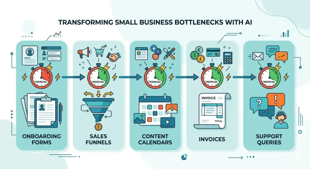 Top five AI automation opportunities for small business pain points.