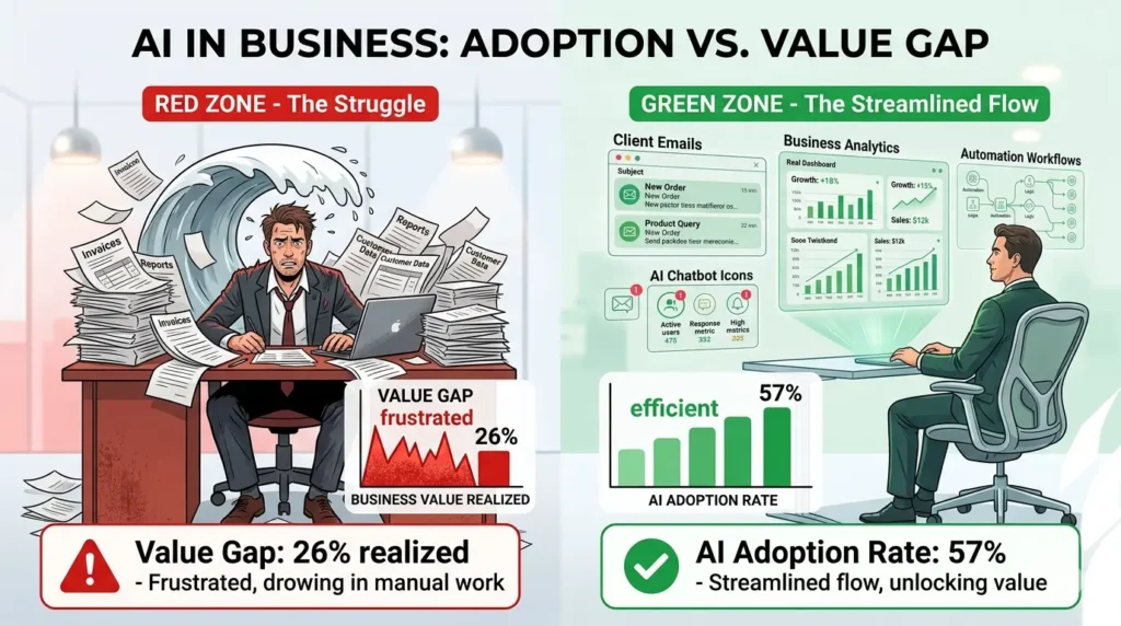 2025 stats: 57% small businesses use AI but only 26% see value—key challenge in AI implementation for small business.