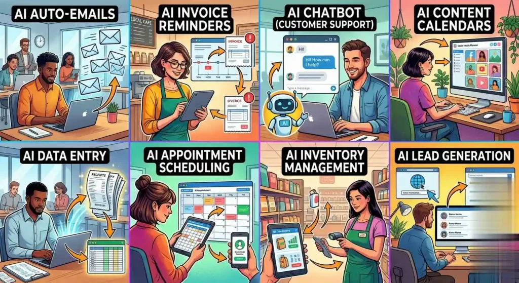 8 small business automation ideas powered by AI: from lead responses to SOPs for how to save time with AI in business.