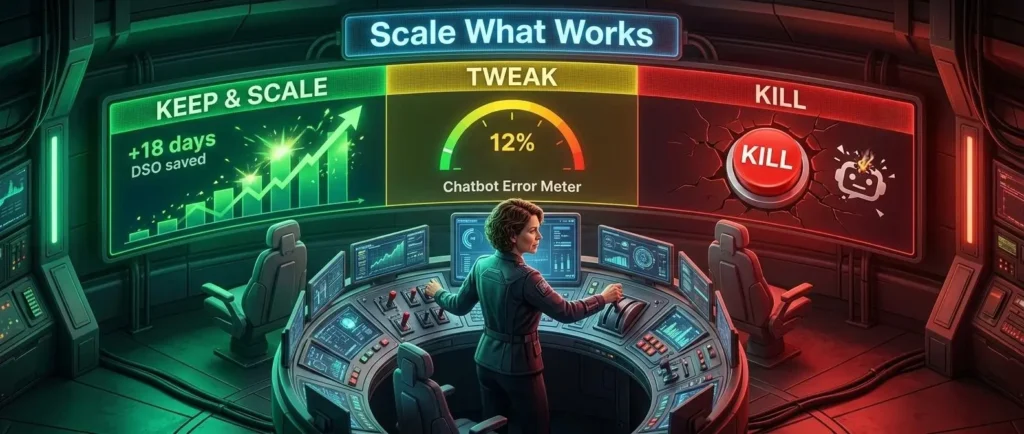 Step 7 AI implementation for small business: Scale invoice reminders (18 days DSO saved), kill failed chatbots (12% accuracy), make binary decisions.