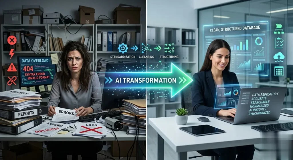 Data hygiene boosts AI performance in small business automation ideas—before and after cleanup.