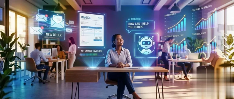 "AI implementation for small business: owner saves time with automation tools like chatbots and workflows in 2026 office setting.