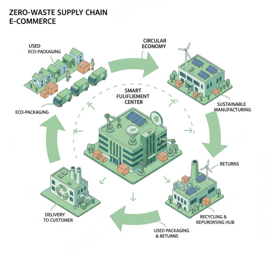 diagram of a zero-waste supply chain for e-commerce including packaging, fulfillment centers, and circular recycling loops