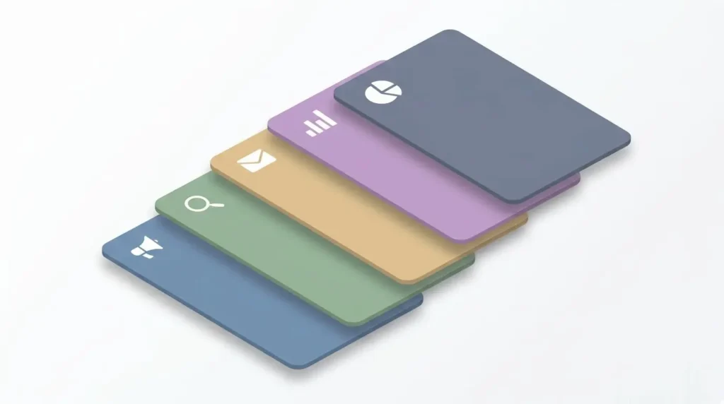Five labeled Claude Project workspaces arranged as a visual stack representing Brand HQ, SEO Content, Email CRM, Paid Media, and Reporting.