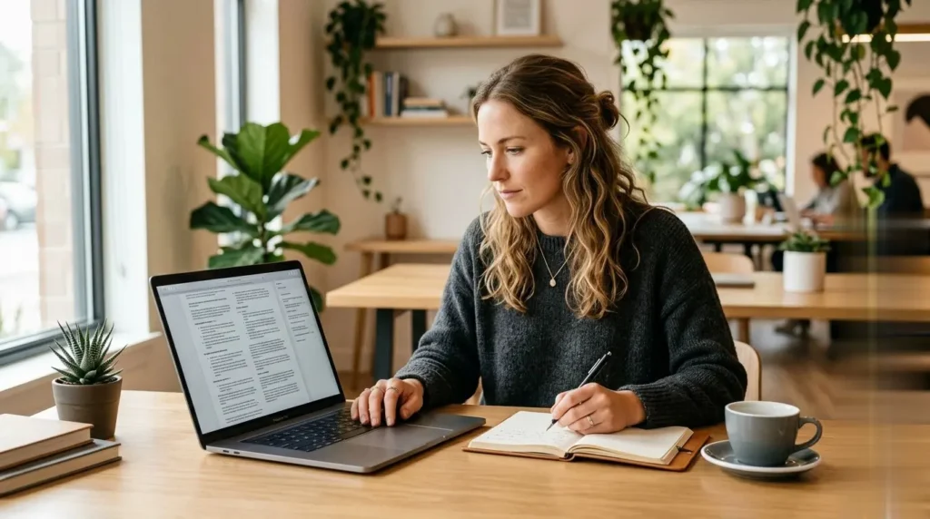 Marketing strategist reviewing AI-assisted blog drafts on a laptop with revision notes, representing a real-world agency workflow test.
