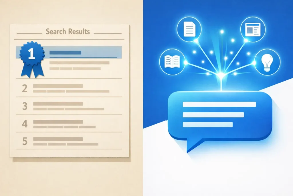 Side-by-side visual comparison of AEO (Answer Engine Optimization) targeting featured snippets versus GEO (Generative Engine Optimization) targeting AI-synthesized answers.