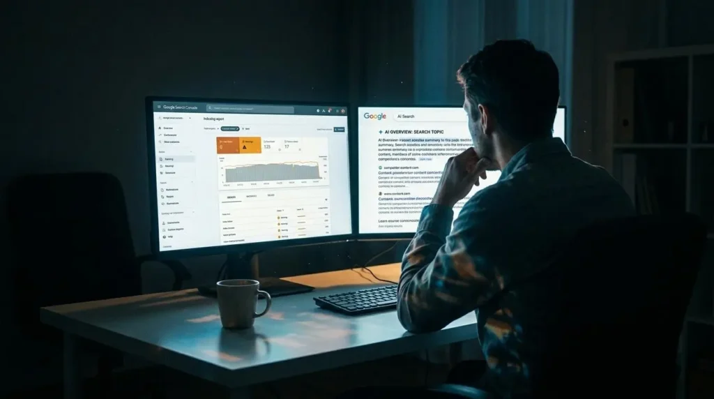 content strategist reviewing Google Search Console indexing issues and AI Overview citations — representing the real-world challenge of managing a digital brand's GEO strategy in 2026.