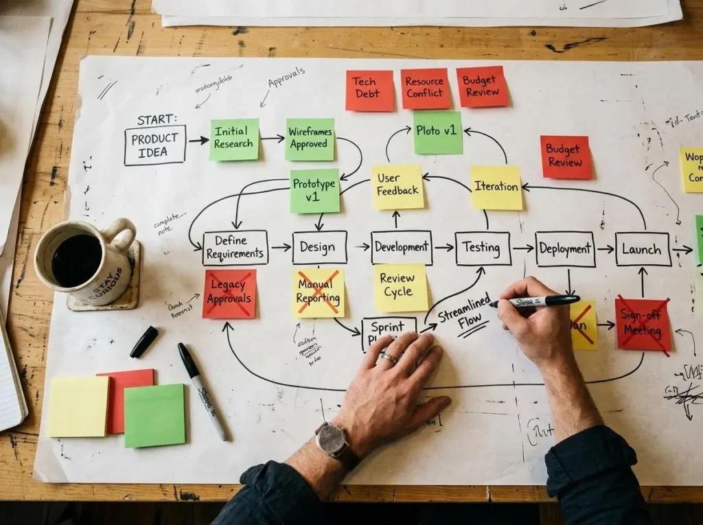 Hands mapping a business workflow on a whiteboard during an operational efficiency audit