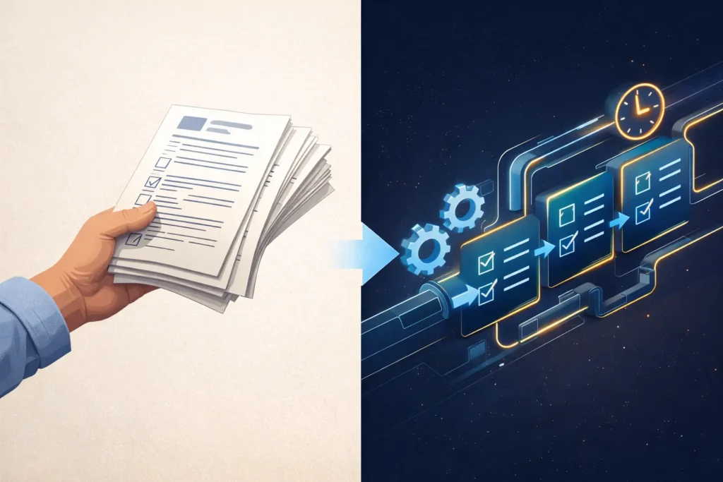 Illustration of business process automation replacing manual repetitive tasks with a digital workflow