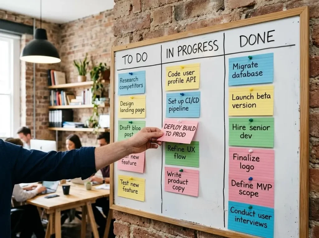 Physical Kanban board on a wall representing lean management for startups and visual workflow management