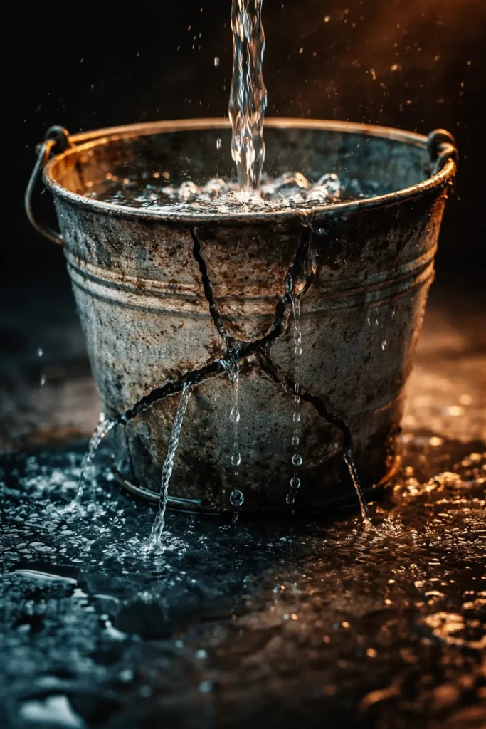 Cracked bucket with water leaking — visual metaphor for broken unit economics in e-commerce growth strategies