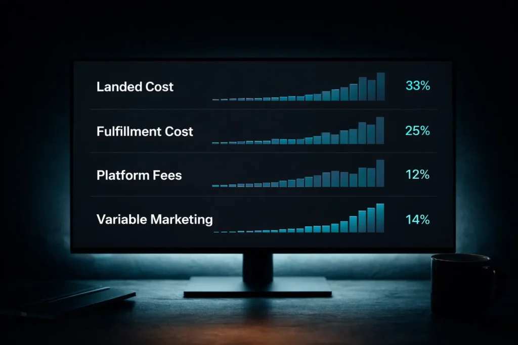 Dark-mode dashboard showing unit economics breakdown — landed cost, fulfillment, platform fees, and variable marketing for e-commerce brands