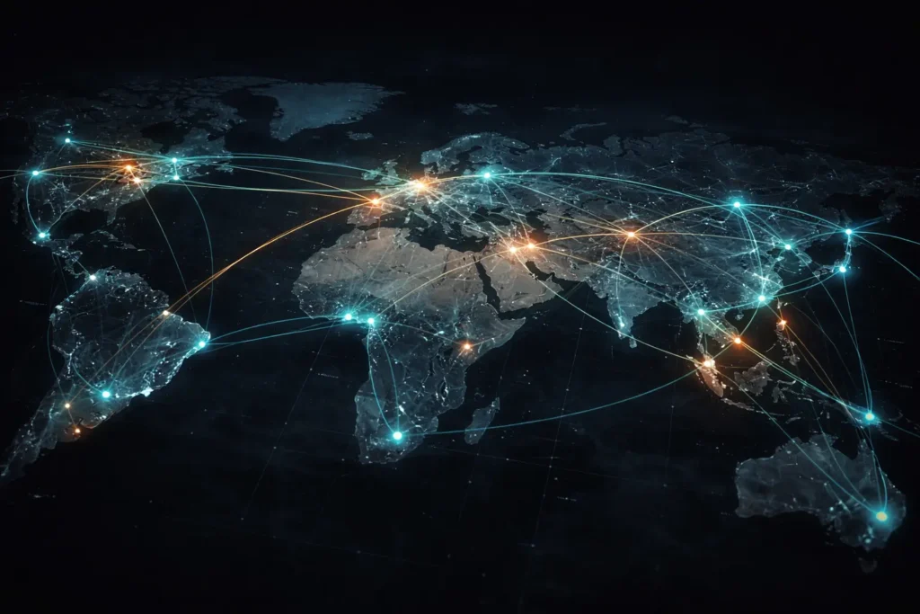 Global sustainable supply chain network map with glowing interconnected nodes showing dual-source redundancy for e-commerce brands