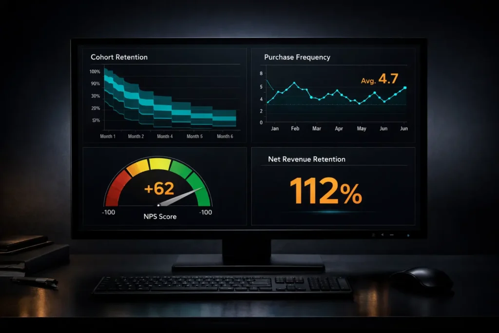 Analytics dashboard showing customer retention metrics including cohort frequency, NPS by purchase count, and net revenue retention for e-commerce