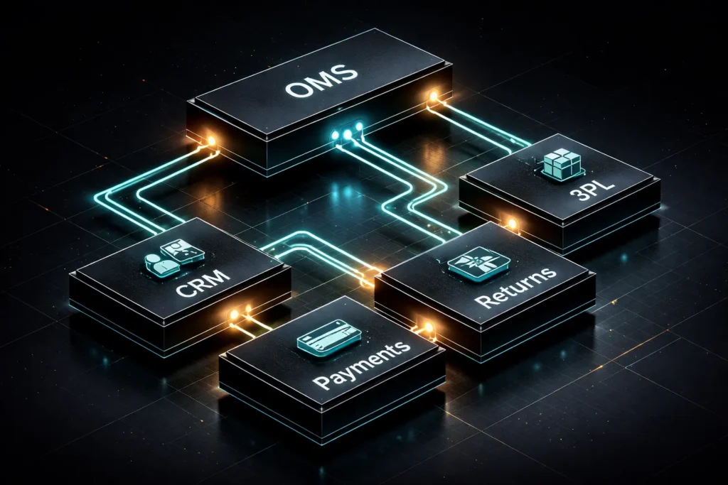 Isometric diagram of a modular scalable retail tech stack showing OMS, 3PL, CRM, and payments as independently swappable components