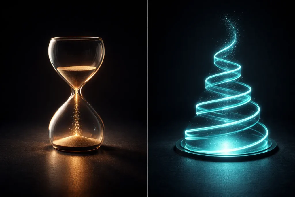 Split image contrasting compounding e-commerce growth strategy channels versus renting — hourglass draining versus upward teal spiral