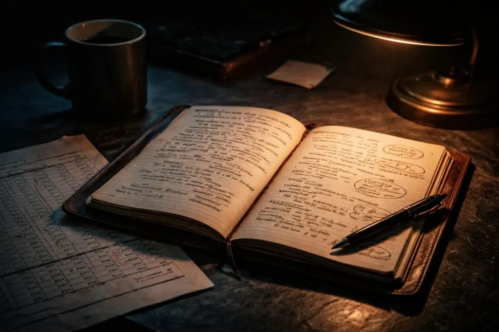 Worn notebook with handwritten e-commerce growth metrics on a dark desk — representing operator experience and weekly unit economics reviews