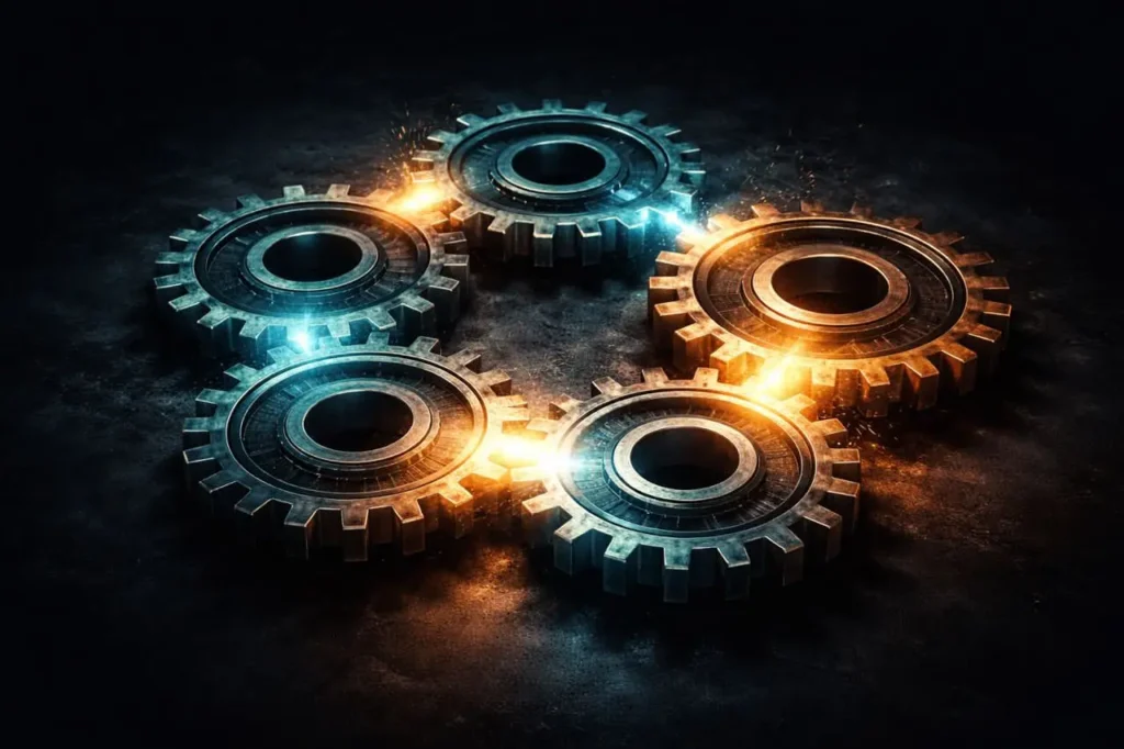 Five interconnected glowing gears representing a compounding e-commerce growth strategy system where each framework amplifies the others