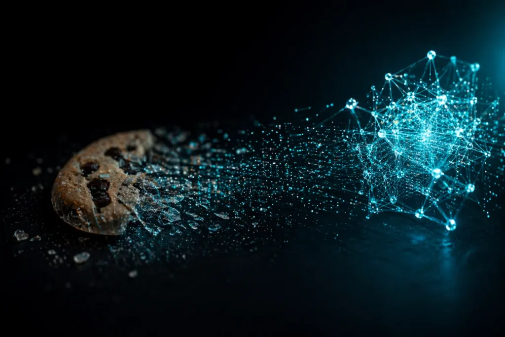 Conceptual image showing a cracked browser cookie dissolving while a structured first-party data node cluster forms — representing the shift in data strategy.