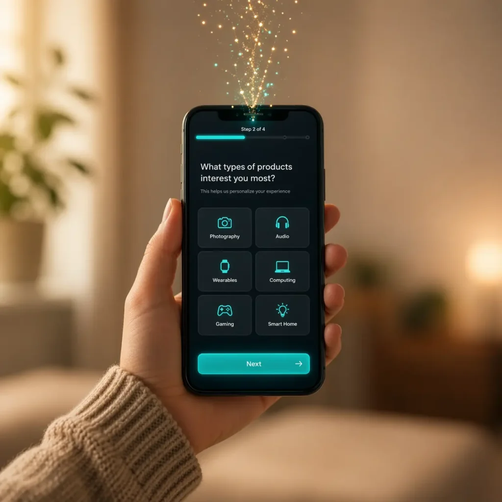Consumer hand holding a smartphone displaying a product preference quiz, illustrating the zero-party data value exchange between a customer and a brand.