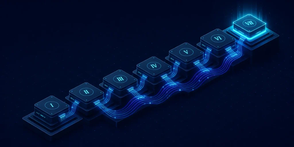 Isometric dark-mode illustration of a 7-step first-party data strategy framework showing interconnected ascending platform stages with data streams flowing between them.