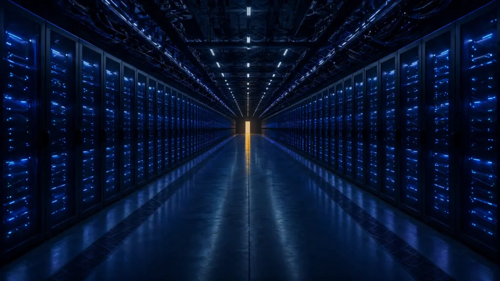 Perspective view of a high-tech server room with glowing blue data racks, representing secure server-side tracking infrastructure for first-party data collection.