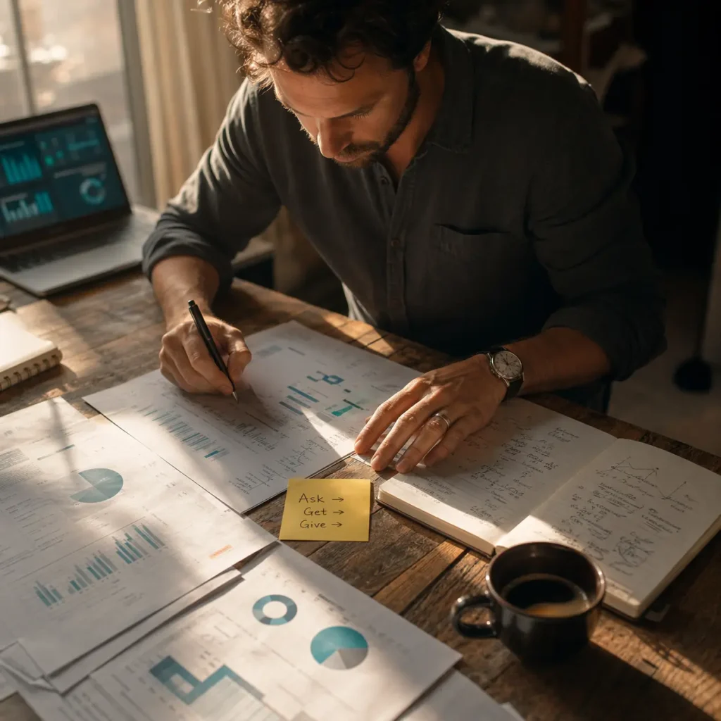 Marketing strategist analyzing a first-party data strategy report at a desk, illustrating the permission paradox of data collection and consumer trust.