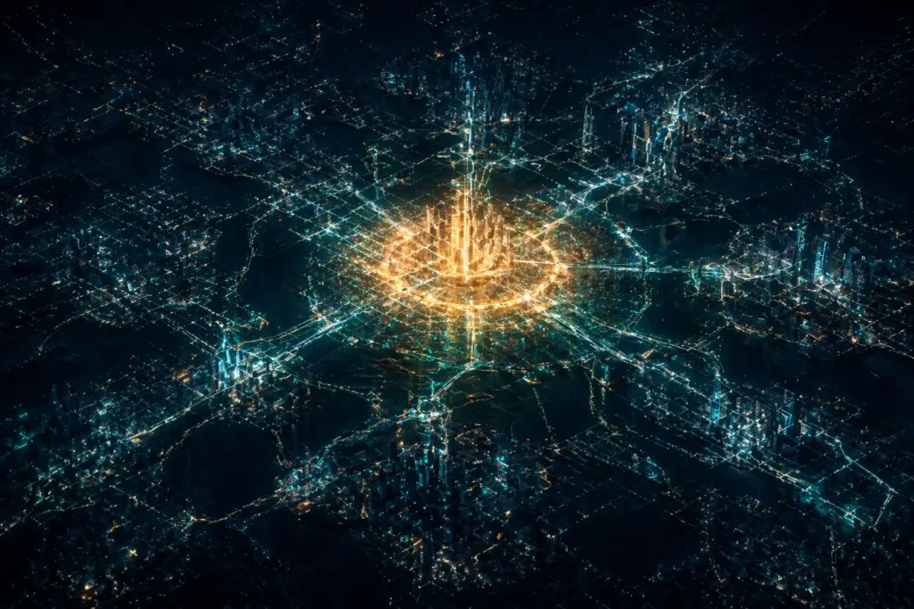 Aerial night view of an illuminated data network city where one central district glows brightest, symbolizing competitive advantage through a fully activated first-party data strategy.