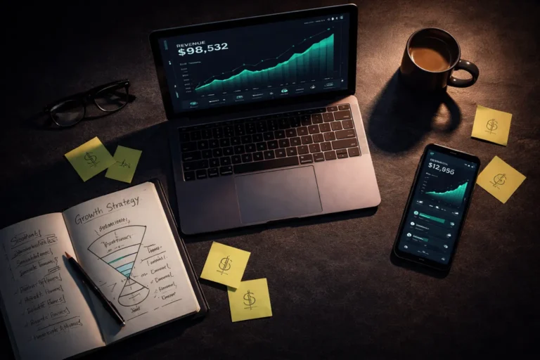 E-commerce growth strategies framework overview — laptop showing revenue charts on a dark editorial desk setup