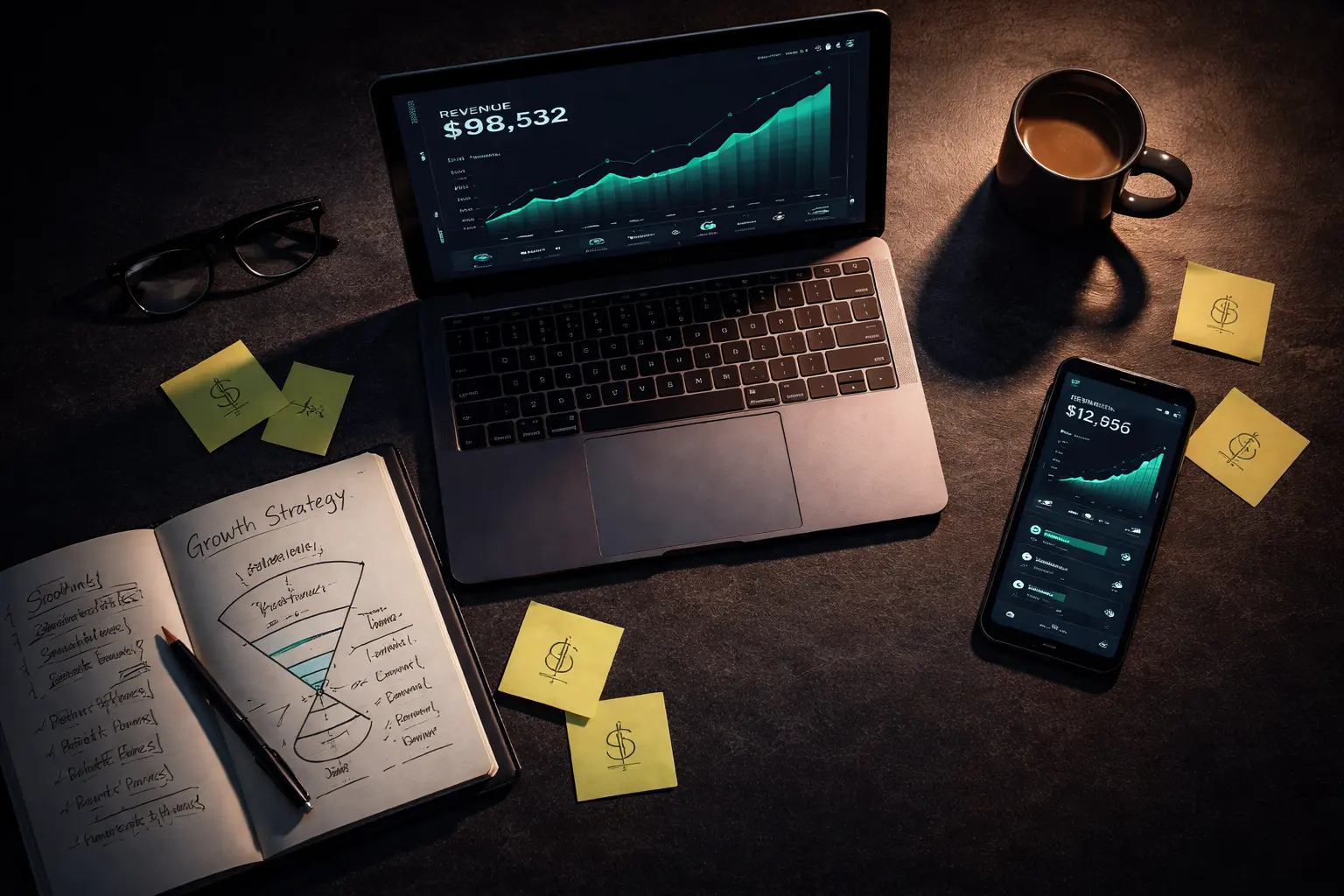 E-commerce growth strategies framework overview — laptop showing revenue charts on a dark editorial desk setup