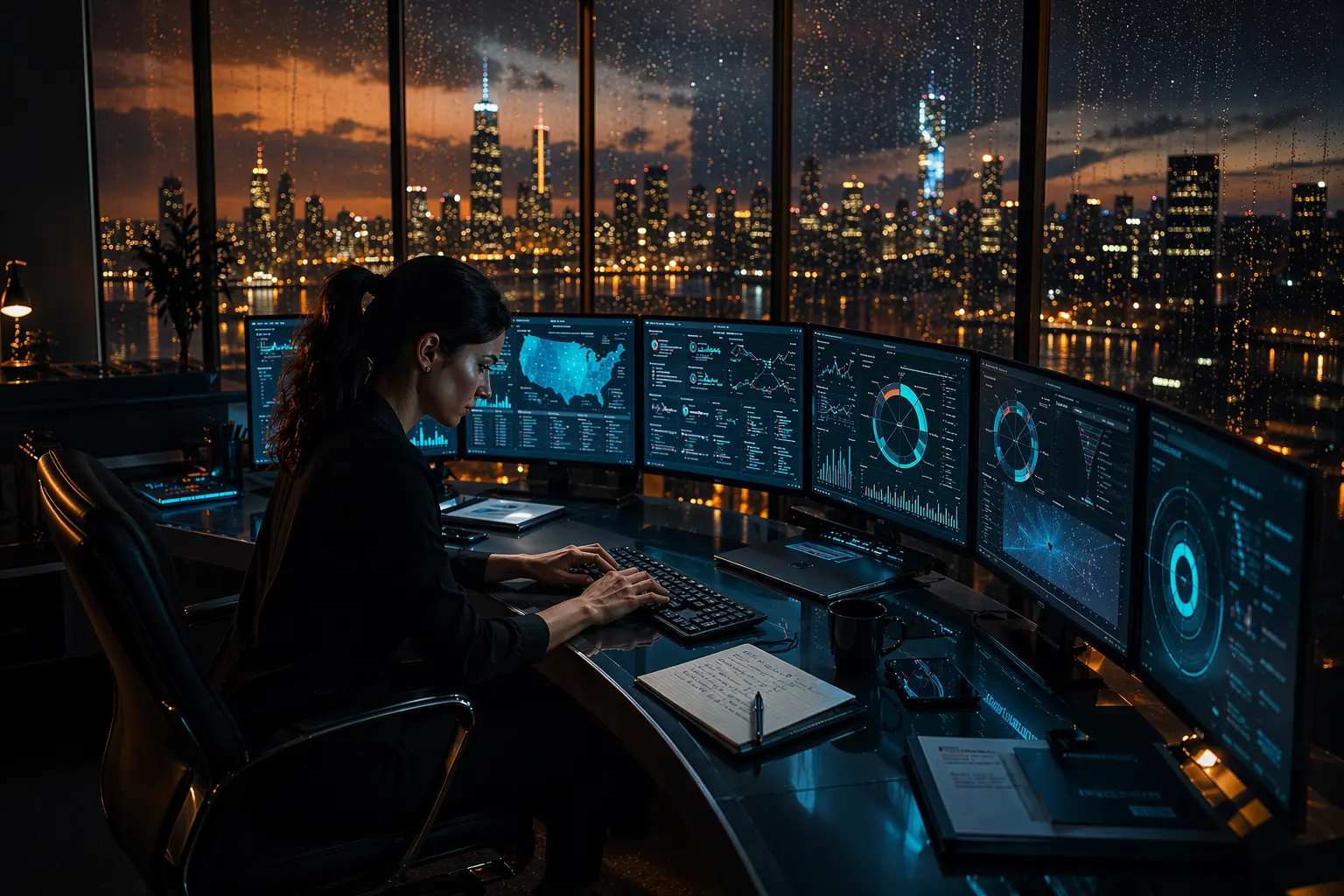 Marketing analyst reviewing a first-party data strategy dashboard on multiple monitors in a cinematic dark office setting.