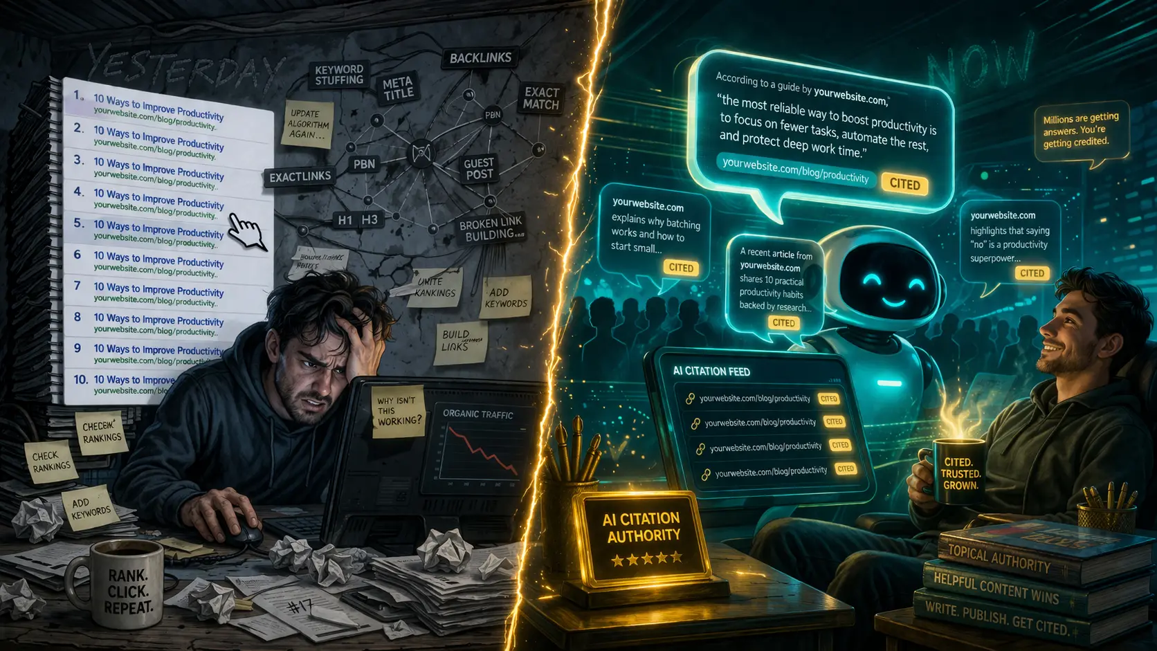 Diagram illustrating the shift from traditional search results to AI-generated answers — the core challenge driving Generative Engine Optimization (GEO) Checklist