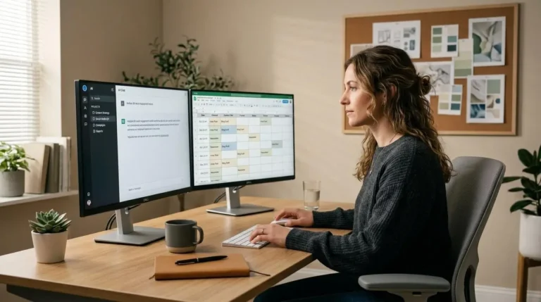 Agency marketer reviewing AI-generated content workflows to learn how to use Claude for marketing automation on a dual-monitor setup.