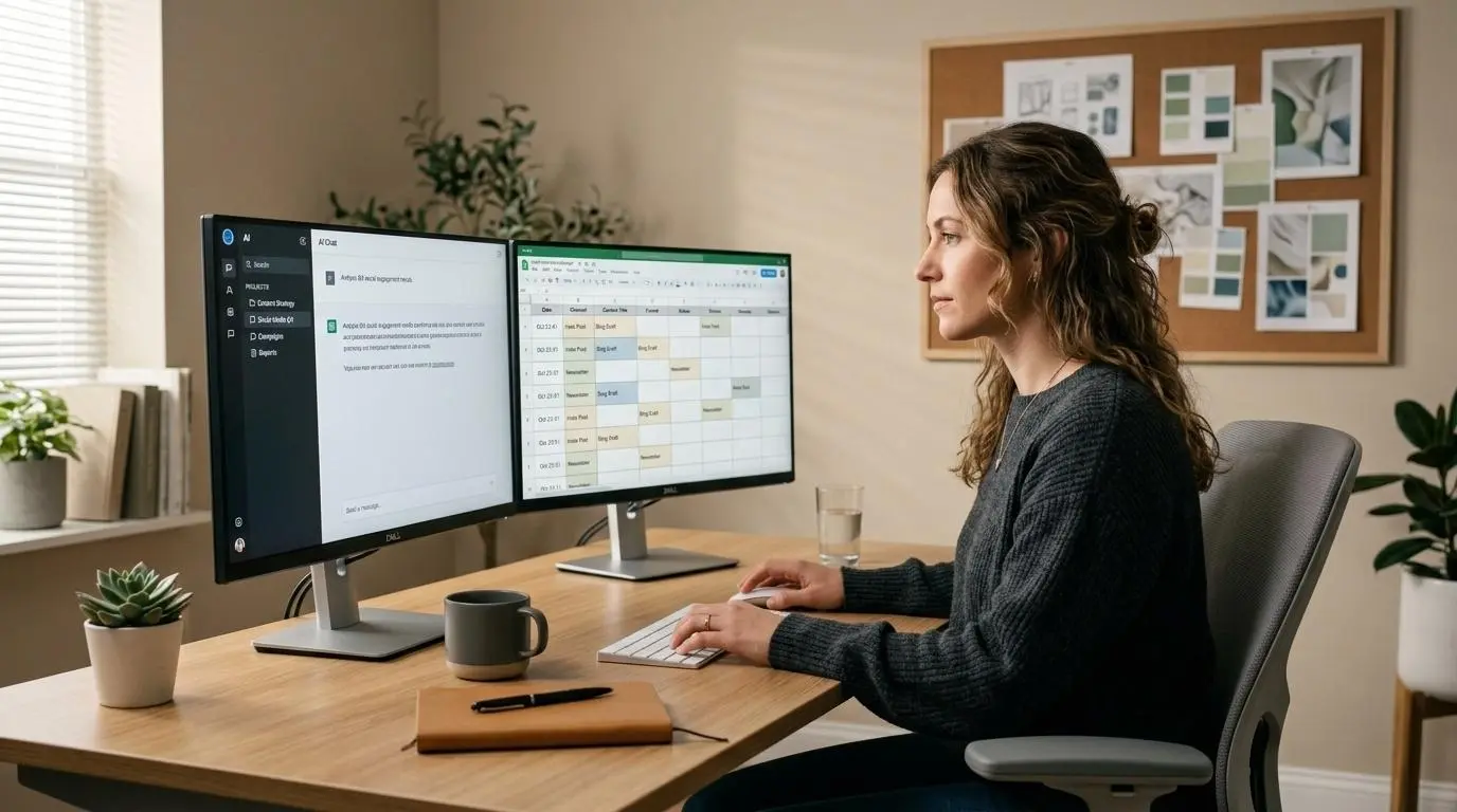 Agency marketer reviewing AI-generated content workflows to learn how to use Claude for marketing automation on a dual-monitor setup.