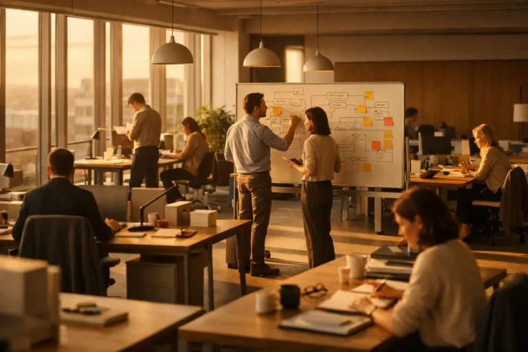Team working in a modern open-plan office representing a culture of operational efficiency