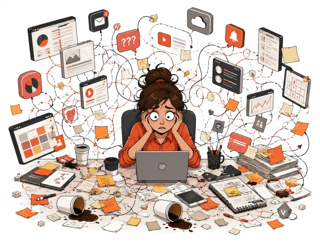 cluttered digital workspace showing dozens of disconnected app icons floating in disorganized chaos, representing the costly problem of AI tool fragmentation for small marketing teams.