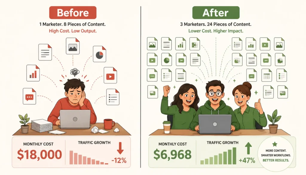 A before-and-after data visualization showing a small three-person SaaS marketing team's content output tripling and costs dropping by 61 percent after implementing an AI marketing stack.