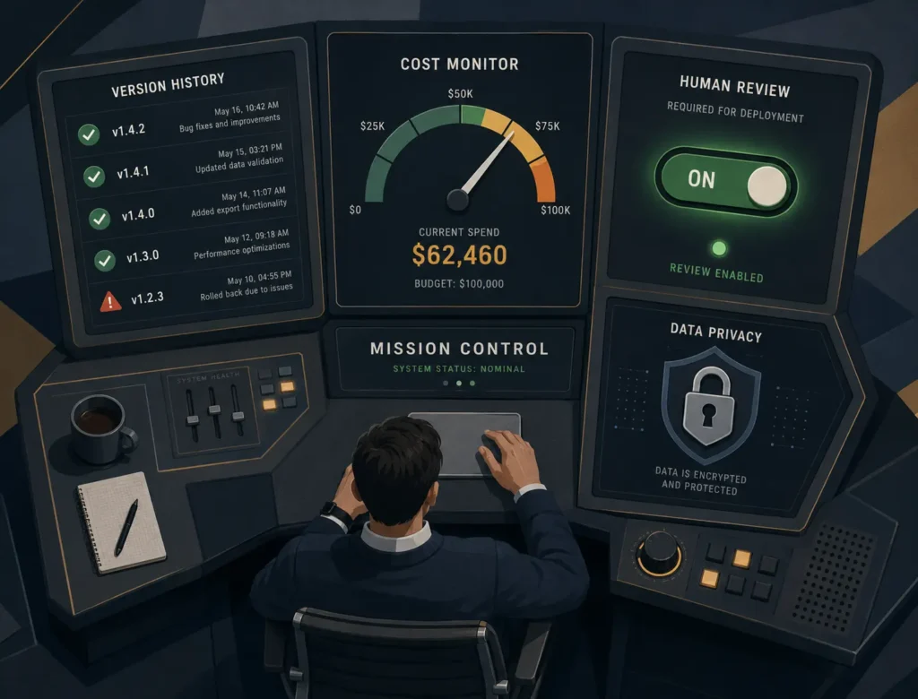 A thoughtful illustration of an AI governance control panel showing prompt versioning, audit logs, spending caps, and human-in-the-loop review checkpoints — representing disciplined AI marketing operations.