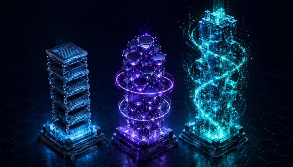 Three isometric architectural pillars representing traditional SERP, Google AI Overviews, and Perplexity SearchGPT search architectures compared