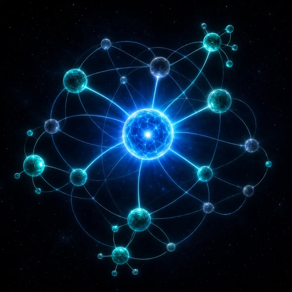 Glowing knowledge graph network with a central brand entity node connected by relational edges to surrounding verified entity nodes
