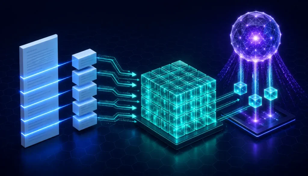 Isometric diagram of a RAG pipeline showing content being chunked into segments, stored in a vector database, and retrieved by an AI synthesis layer