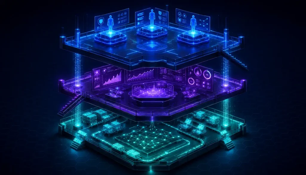 Three-tiered isometric platform showing the AI search governance layer with strategy ownership, measurement, and content operations floors connected by data flows