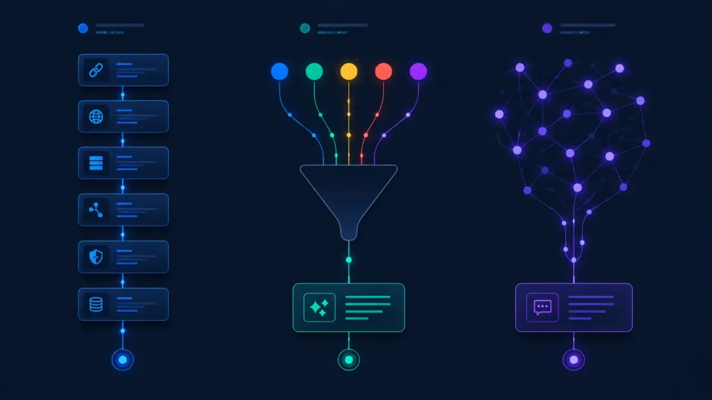 Visual comparison of 2026 search engine architectures: traditional SERP, Google AI Overviews, and Perplexity SearchGPT showing divergent source attribution and user intent matching approaches.