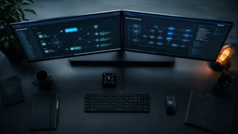 Agency automation workflow dashboard showing interconnected API orchestration pipelines and LLM data flow on dual monitors.