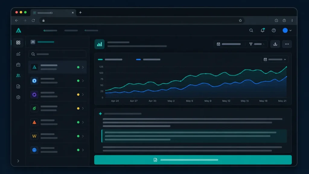 Dark-mode agency reporting dashboard mockup showing auto-generated LLM campaign narrative with one-click approval interface and multi-client status panel.