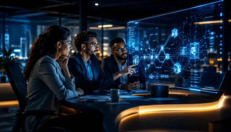 A lean marketing team of three people working together around a glowing, interconnected AI system dashboard in a modern minimalist office — representing the 2026 AI marketing stack.