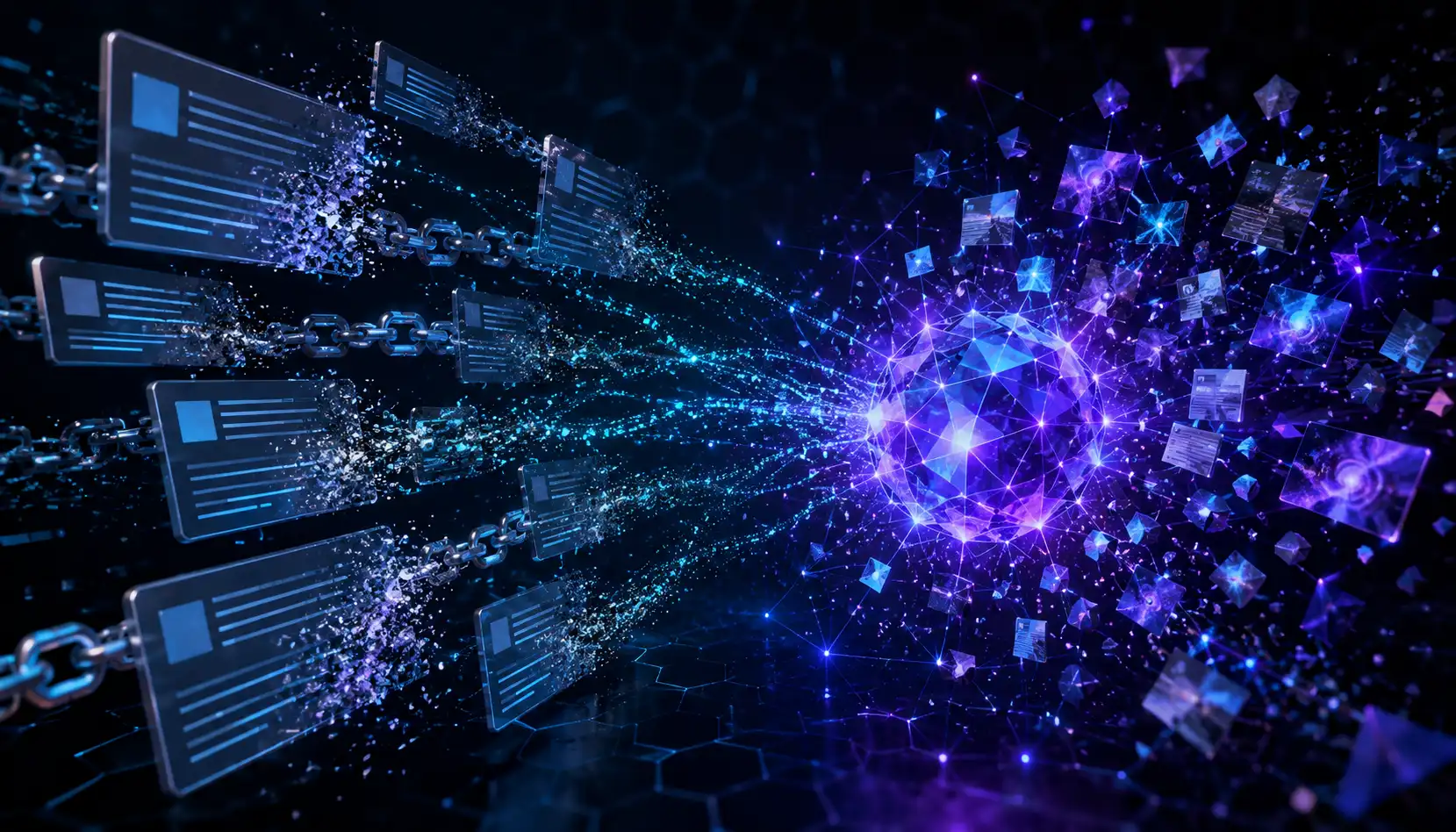 Traditional search results fragmenting while an AI synthesis engine assembles generative answers from multiple sources